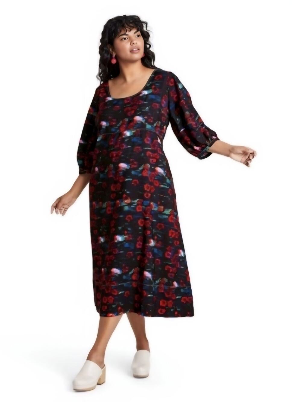 Rachel Comey Womens Kodak Black & Red Floral Puff 3/4 Sleeves Size 8 Midi Dress
